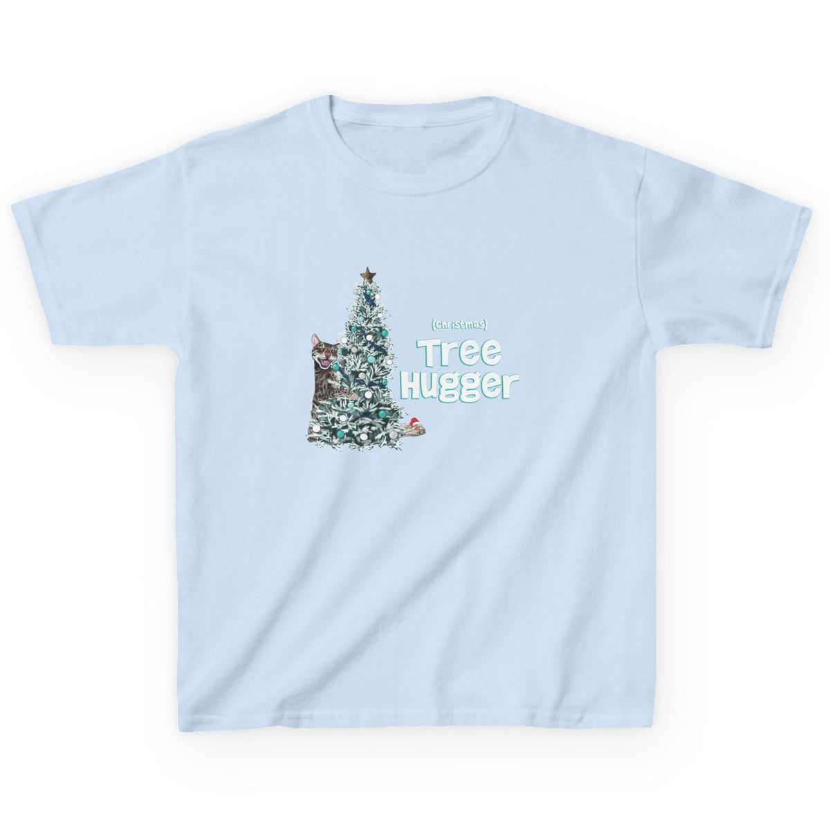 Kids Tee Christmas Tree Hugger Flounder the Purrmaid Design, shown in Light Blue