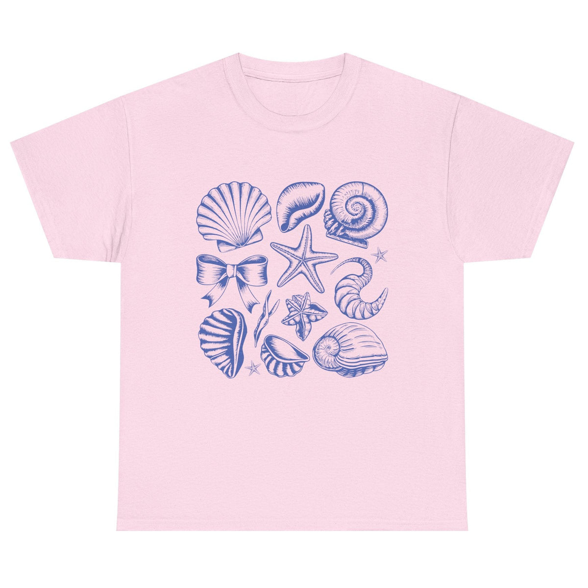 Blue coastal coquette shell cotton tee in light pink