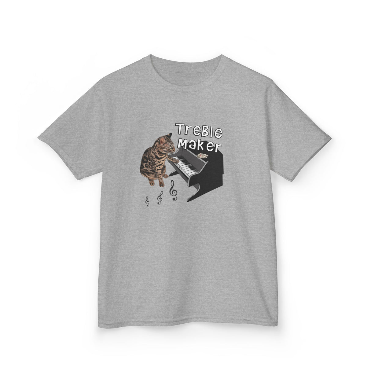 Kids Tee - Treble Maker Design Hand Drawn by Flounder's Mom, Nina Featuring Flounder the Purrmaid Playing Piano for Mouse Toy