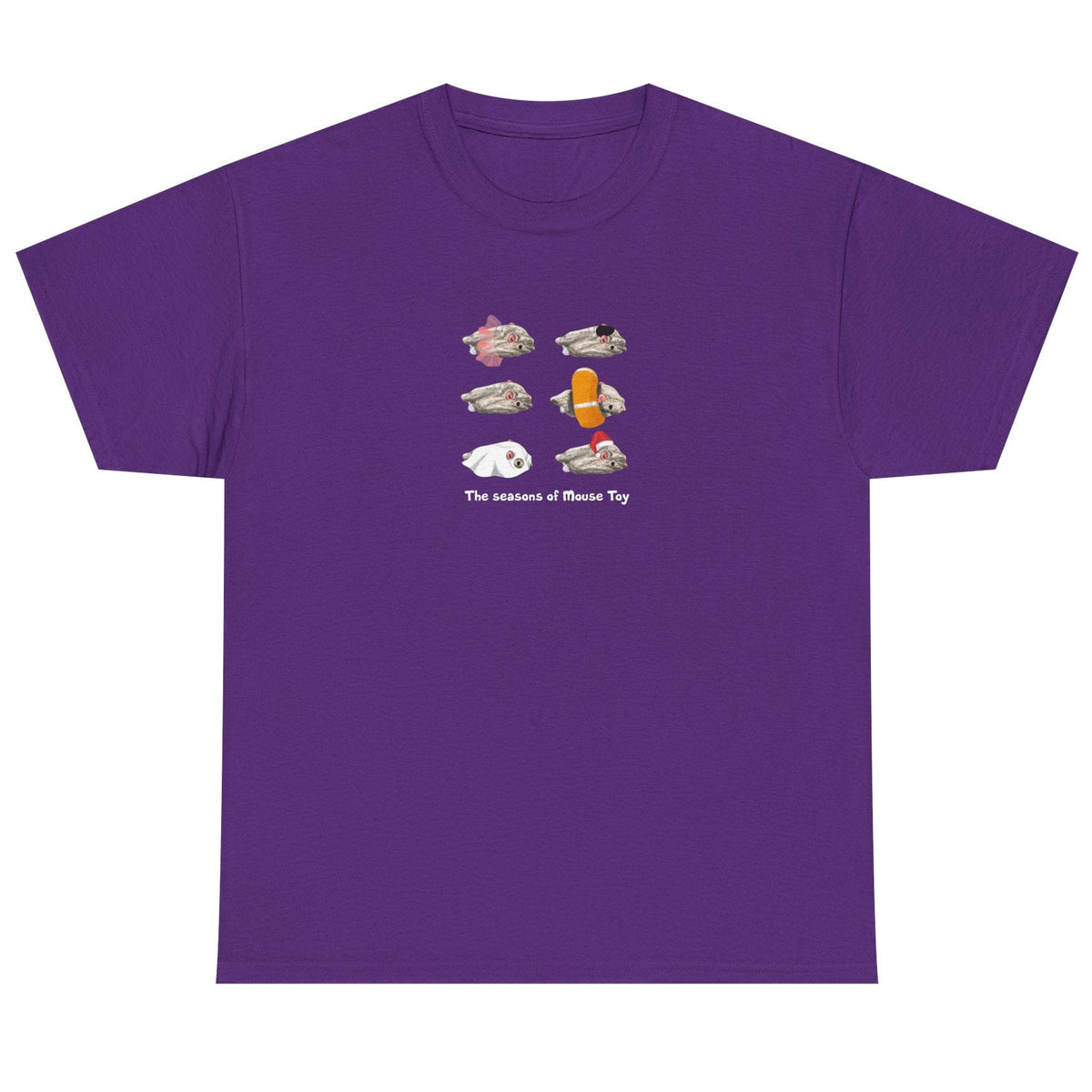 Seasons of Mouse Toy Unisex Tee - Santa Hat, Yamaka, Halloween Ghost, Ballet Tutu, Life Vest, shown in Purple