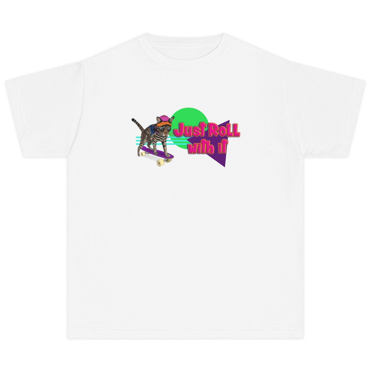 Youth Tee - Just Roll with it Flounder the Purrmaid Skateboard Design by Nina, shown in White