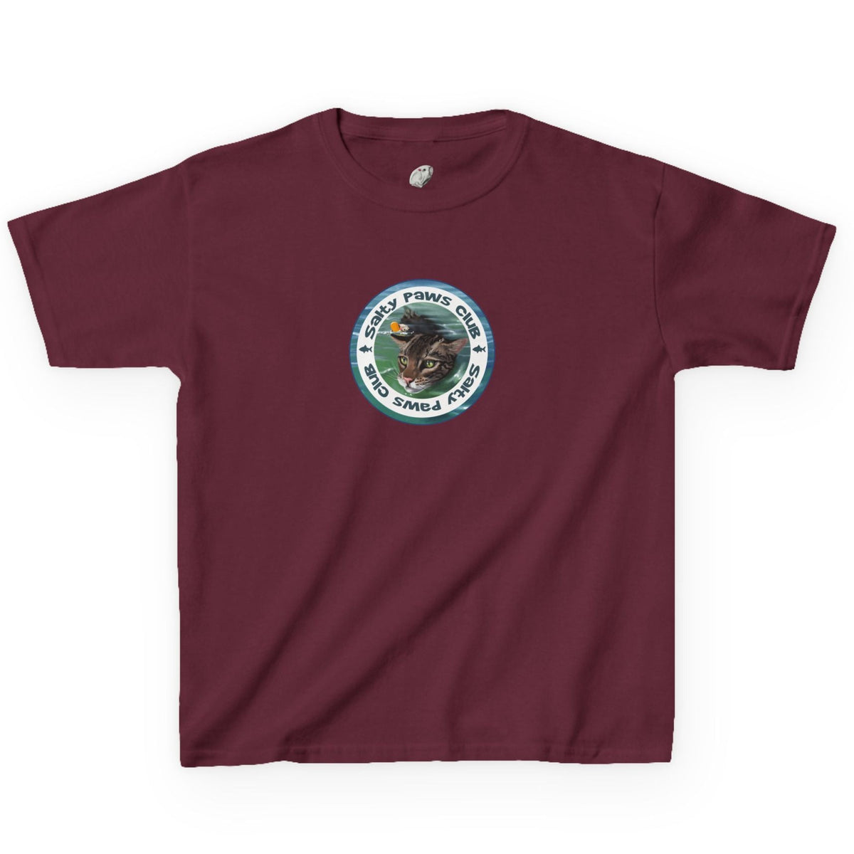 Kids Tee - "Salty Paws Club" Purrmaid Flounder & Life‑Vest Mouse Toy, shown in Maroon