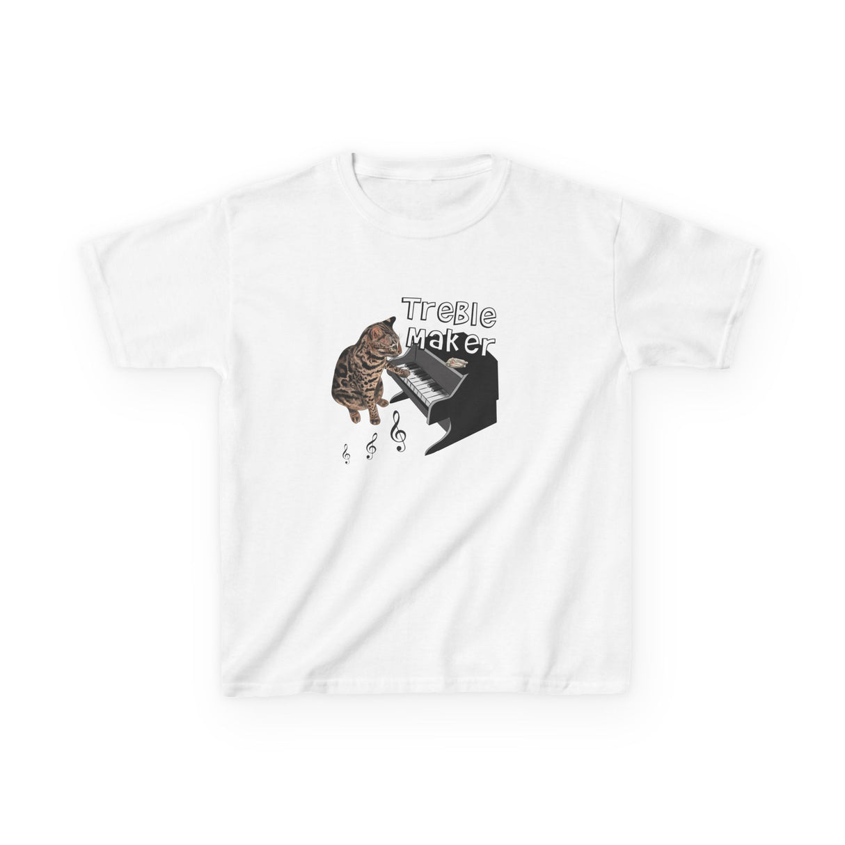 Kids Tee - Treble Maker Design Hand Drawn by Flounder's Mom, Nina Featuring Flounder the Purrmaid Playing Piano for Mouse Toy