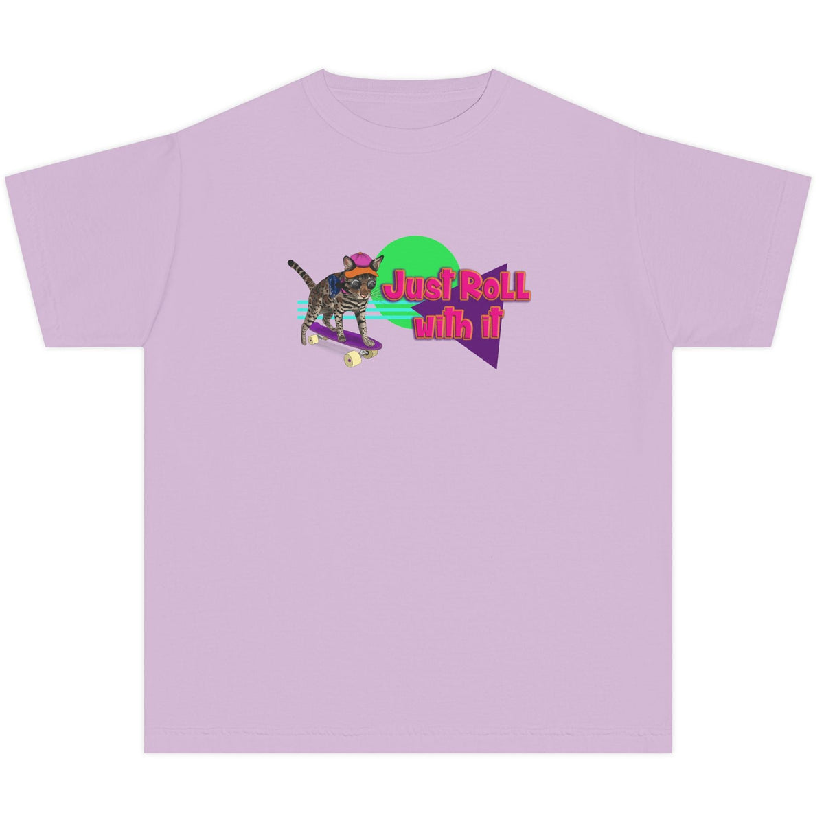 Youth Tee - Just Roll with it Flounder the Purrmaid Skateboard Design by Nina, shown in Orchid