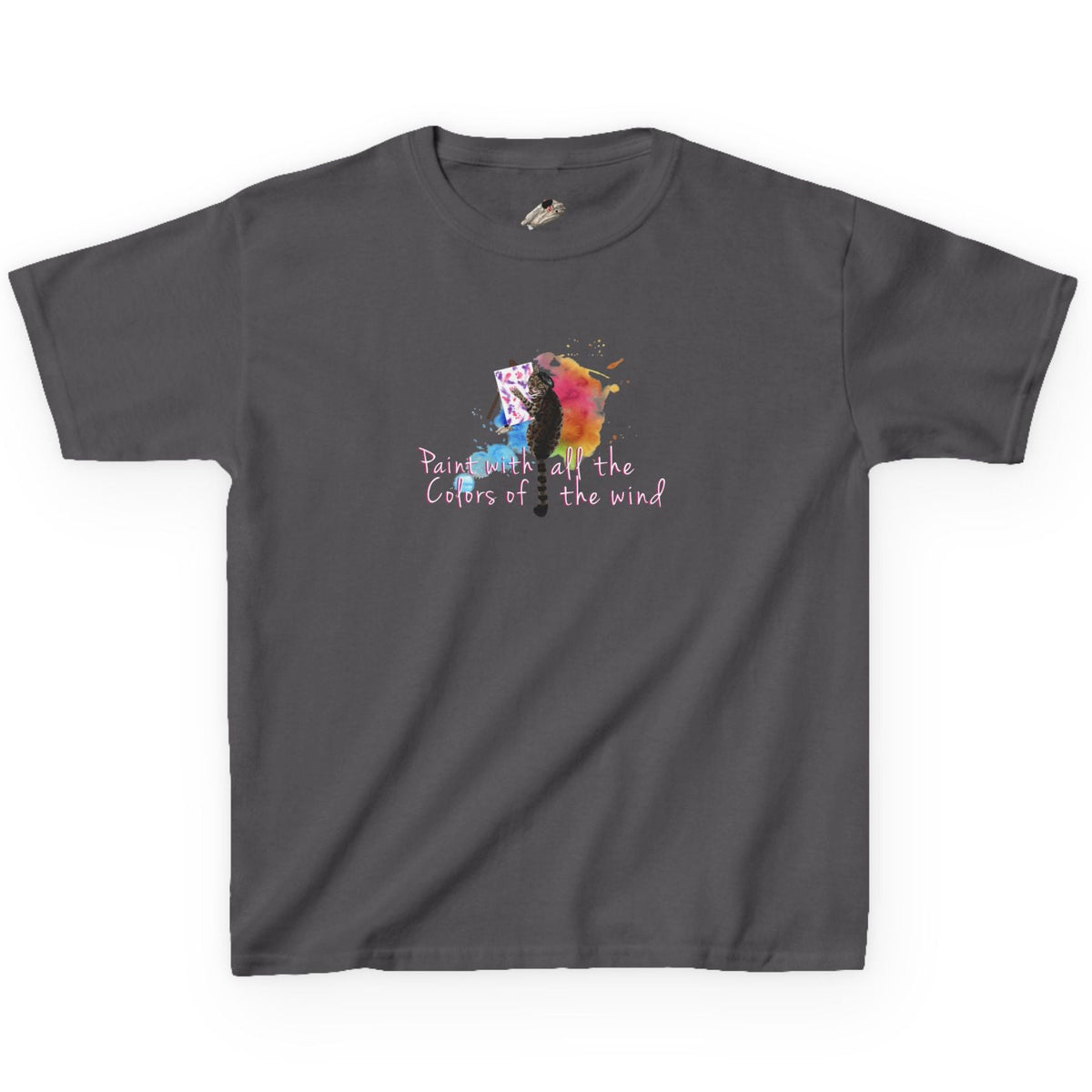 Kids Tee - “Paint With All The Colors Of The Wind” Flounder the Purrcasso Kids T-Shirt, shown in Charcoal
