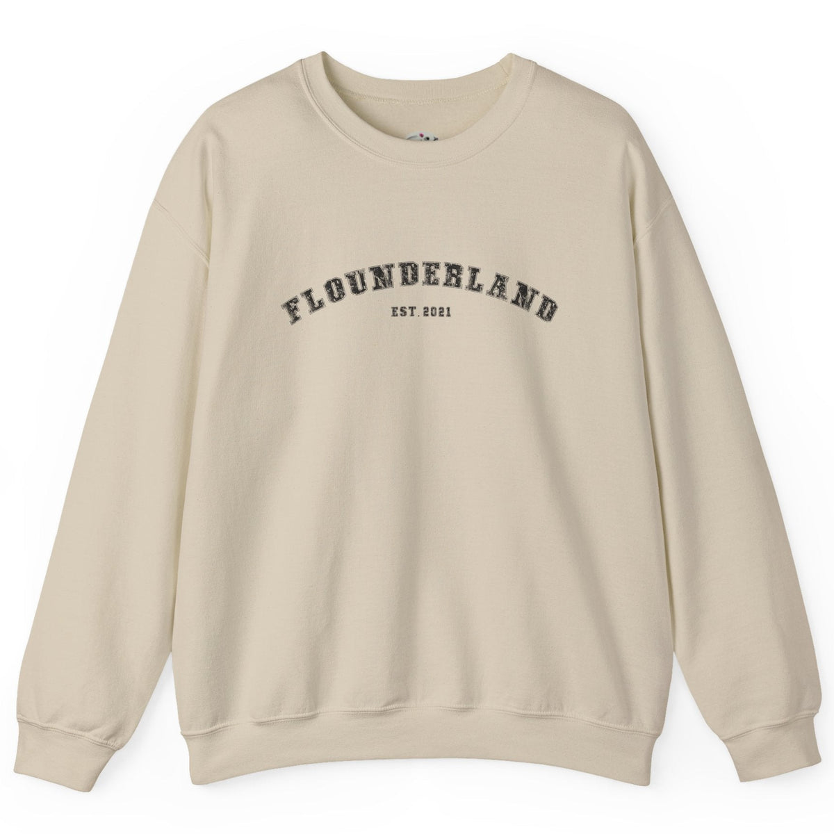 FlounderLand Collegiate Crewneck Sweatshirt - "EST. 2021", shown in Sand