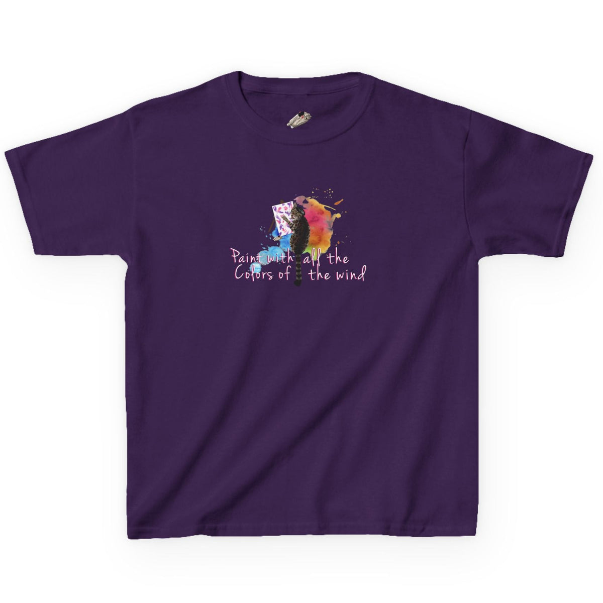 Kids Tee - “Paint With All The Colors Of The Wind” Flounder the Purrcasso Kids T-Shirt, shown in Purple