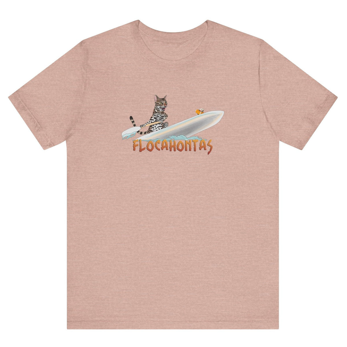 Flocahontas Unisex Tee - Flounder the Purrmaid with Mouse Toy Design, shown in Heather Prism Peach