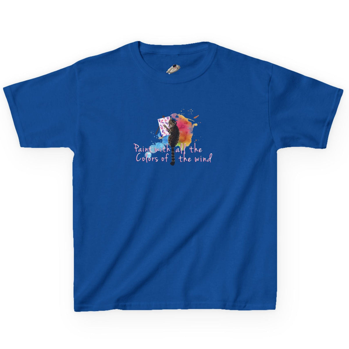 Kids Tee - “Paint With All The Colors Of The Wind” Flounder the Purrcasso Kids T-Shirt, shown in Royal