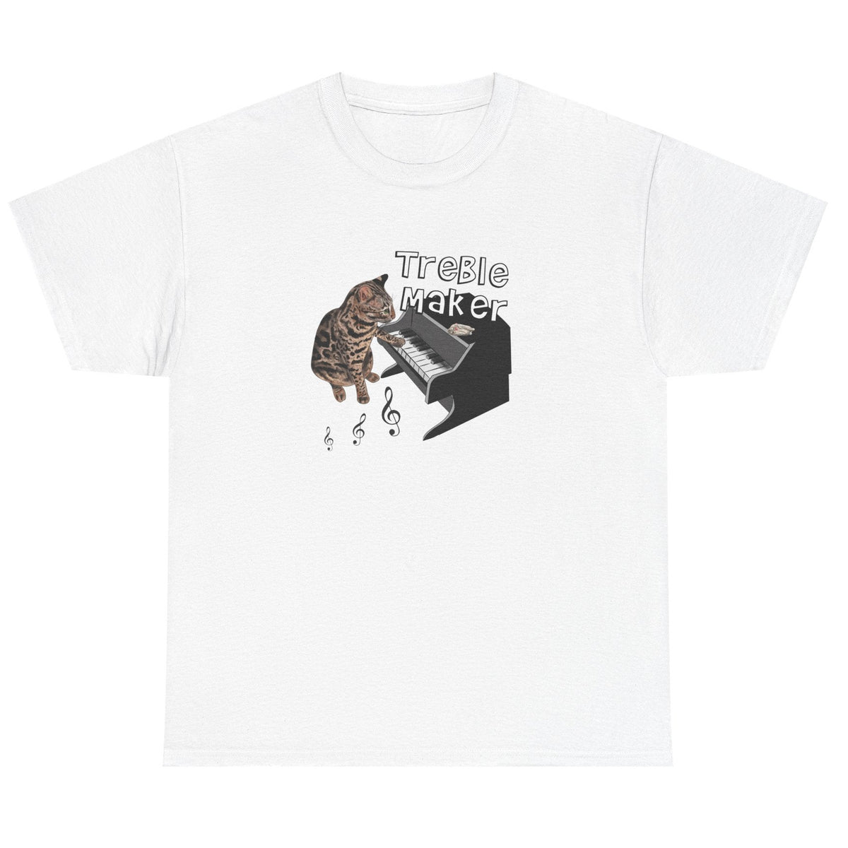 T-Shirt Treble Maker featuring Flounder the Purrmaid Playing Piano Design, shown in White