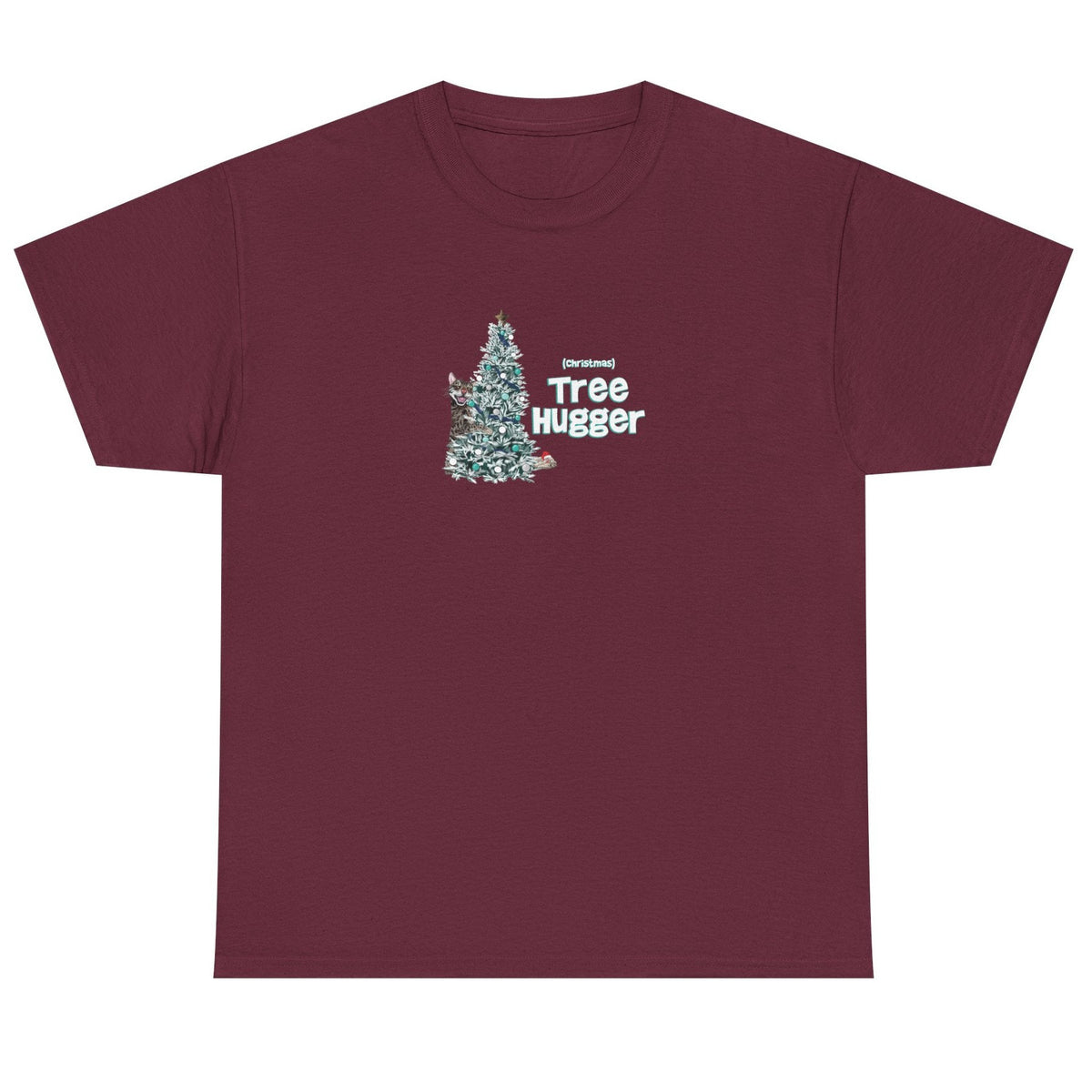 Christmas Tree Hugger Tee, shown in Maroon