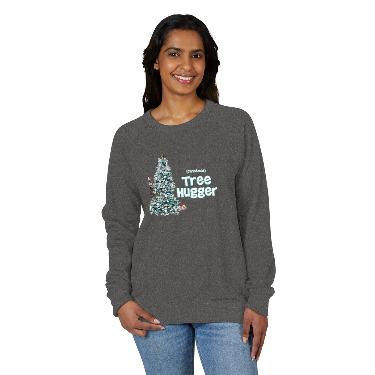 Raglan Crewneck Sweatshirt Christmas Tree Hugger Flounder the Purrmaid Design