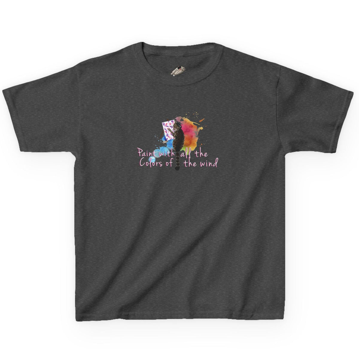 Kids Tee - “Paint With All The Colors Of The Wind” Flounder the Purrcasso Kids T-Shirt, shown in Dark Heather