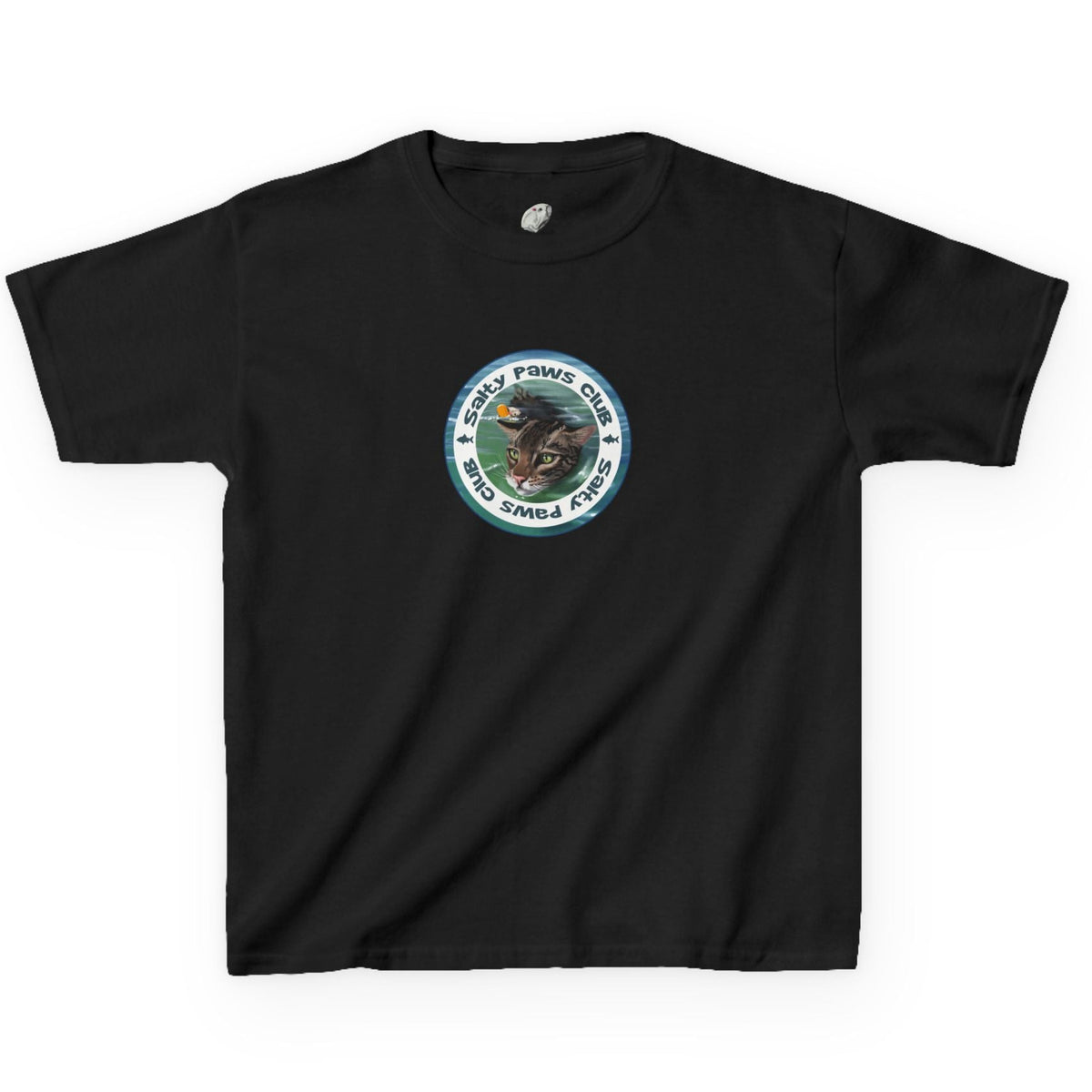 Kids Tee - "Salty Paws Club" Purrmaid Flounder & Life‑Vest Mouse Toy, shown in Black