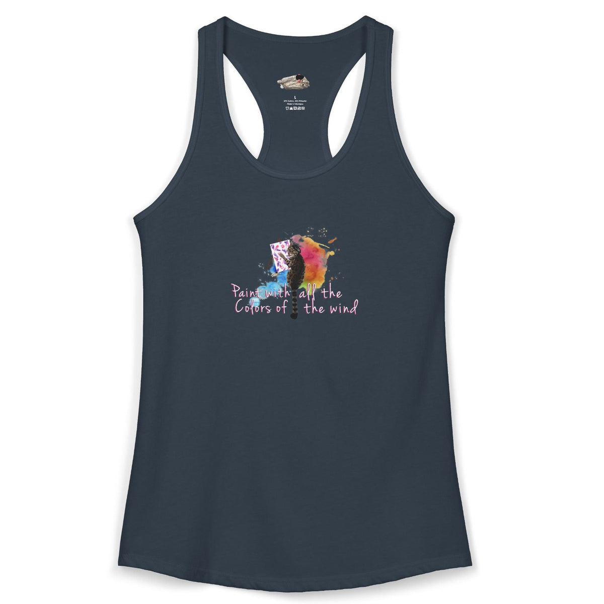 Women's Racerback Tank - "Paint With All the Colors of the Wind" Flounder the Purrcasso Art, shown in Solid Indigo
