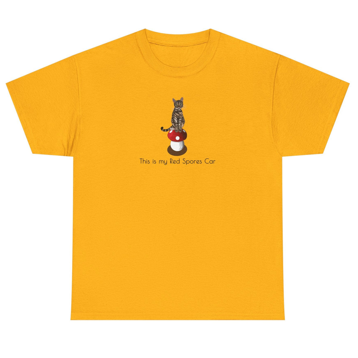 Red Spores Car Unisex Heavy Cotton Tee featuring Flounder and Mouse Toy on the Magical Mushroom, shown in Gold