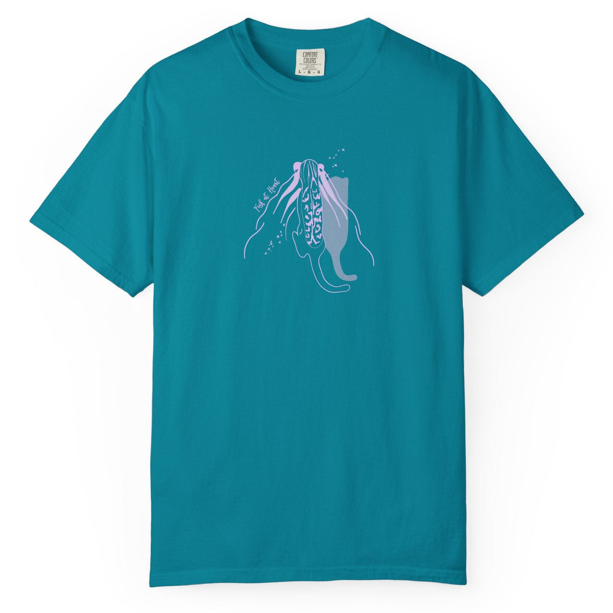 T-Shirt - Fish at Heart with Flounder the Purrmaid Design, shown in Topaz Blue