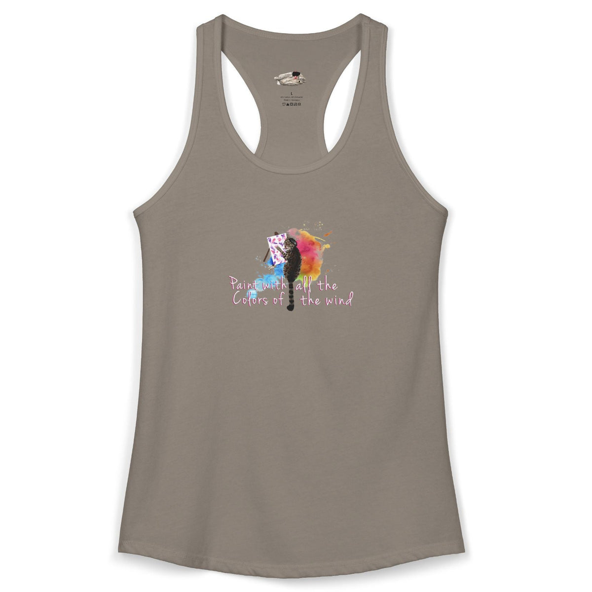 Women's Racerback Tank - "Paint With All the Colors of the Wind" Flounder the Purrcasso Art, shown in Solid Warm Gray