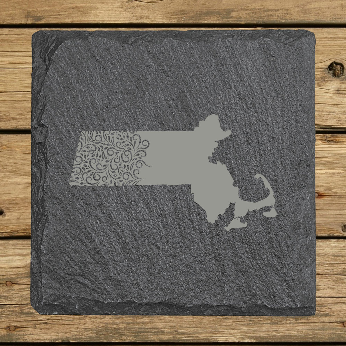 Massachusetts Slate Coaster Set – Engraved Natural Stone (Set of 4)