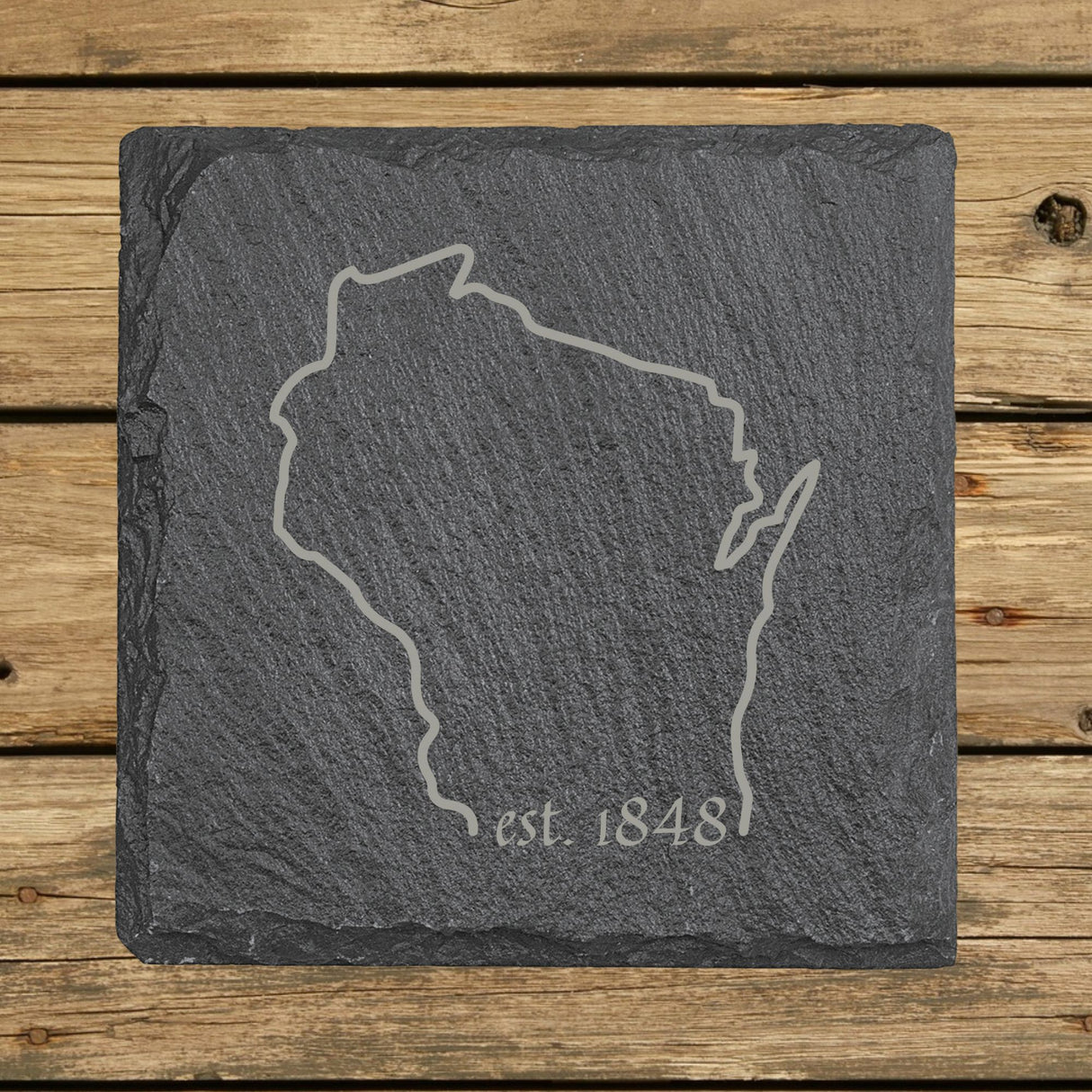Wisconsin Slate Coaster Set – Engraved Natural Stone (Set of 4)