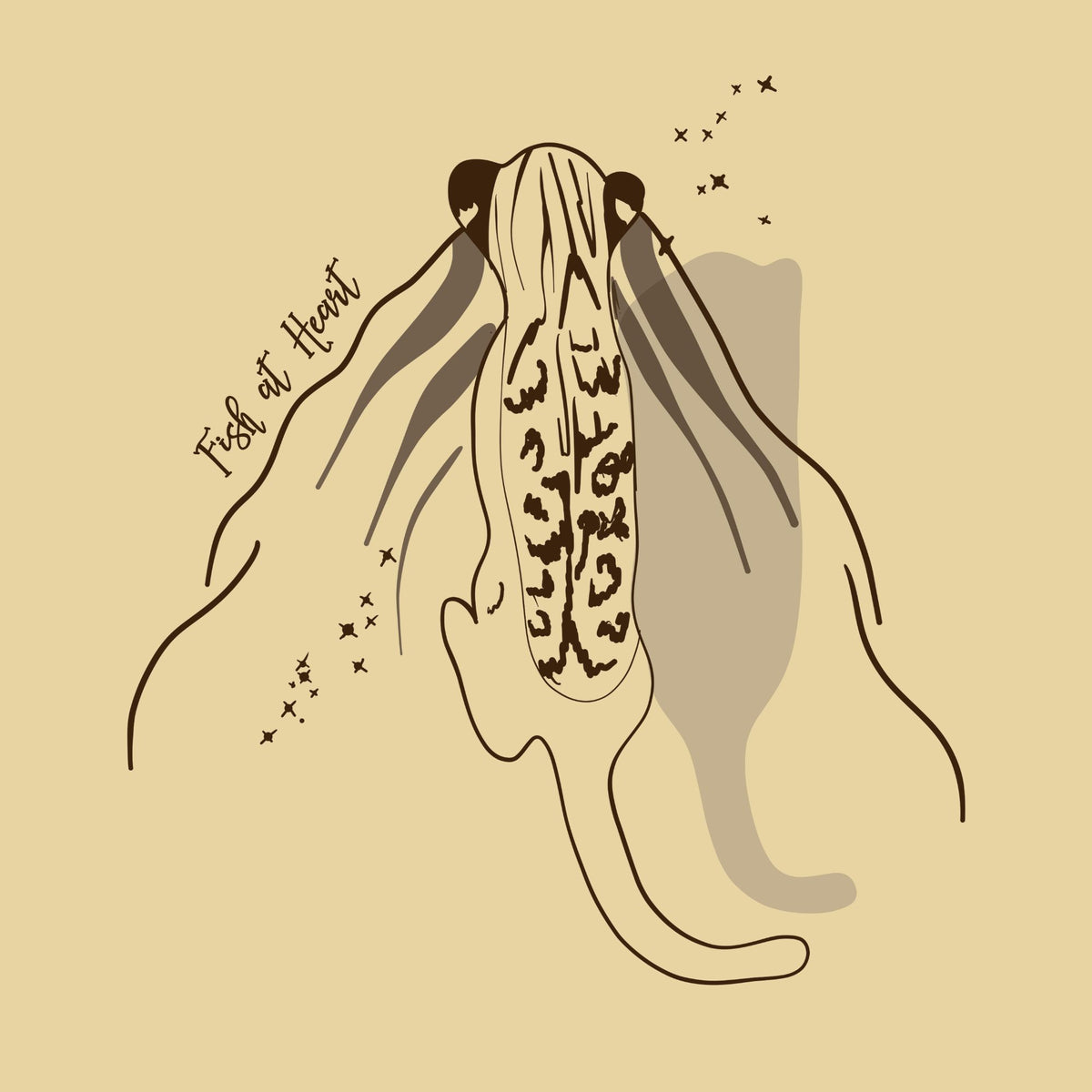 A minimalist line art illustration of a fish with the words 'Fish of Heart' written beside it, on a solid beige background.