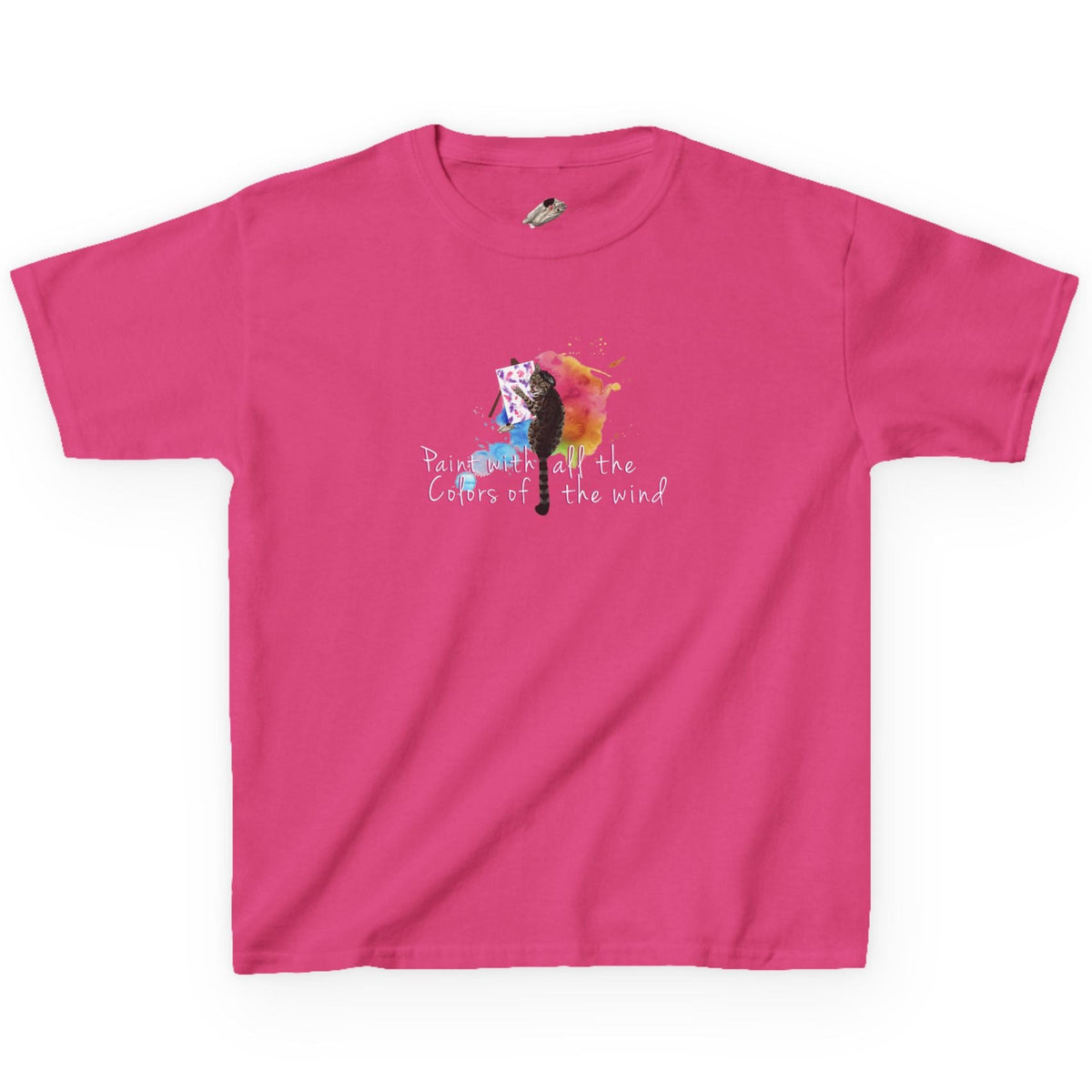 Kids Tee - “Paint With All The Colors Of The Wind” Flounder the Purrcasso Kids T-Shirt, shown in Heliconia