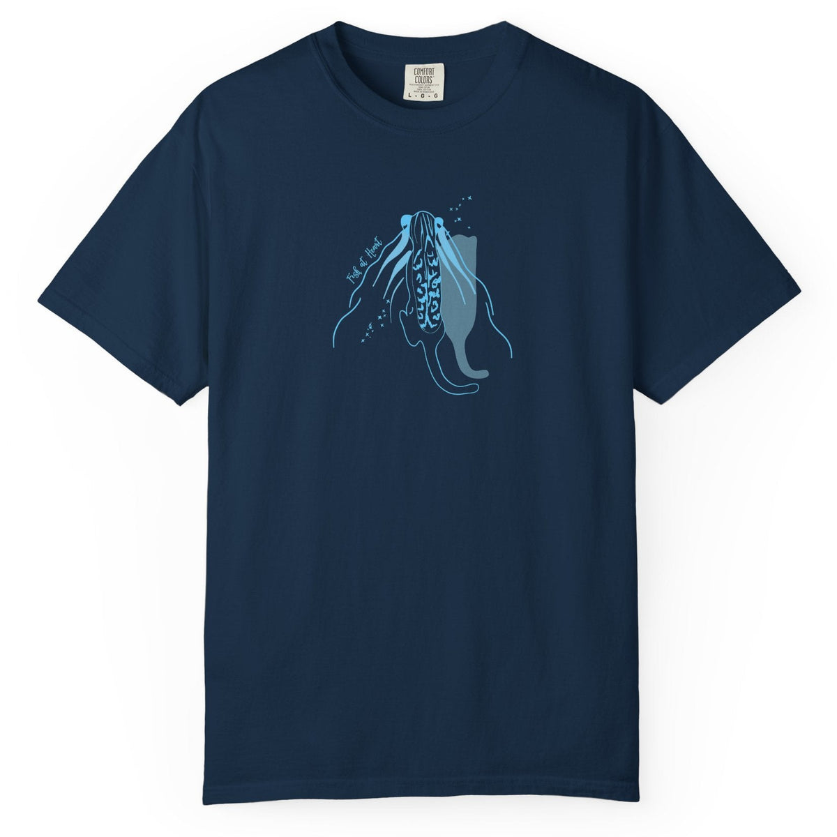 T-Shirt - Fish at Heart with Flounder the Purrmaid Design, shown in True Navy