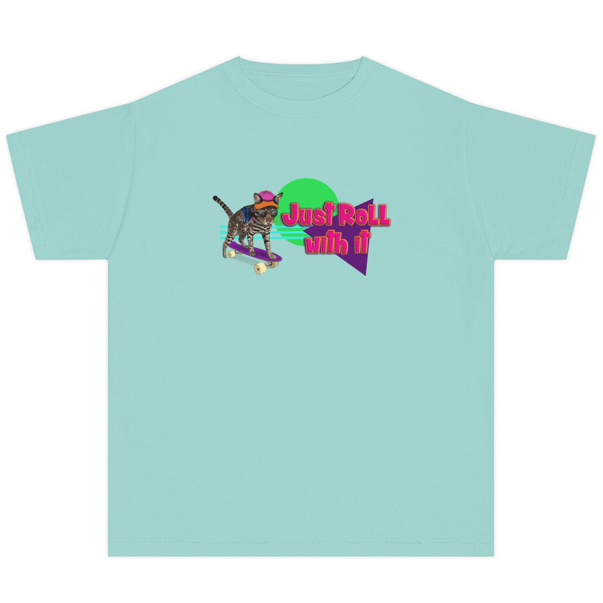 Youth Tee - Just Roll with it Flounder the Purrmaid Skateboard Design by Nina, shown in Chalky Mint