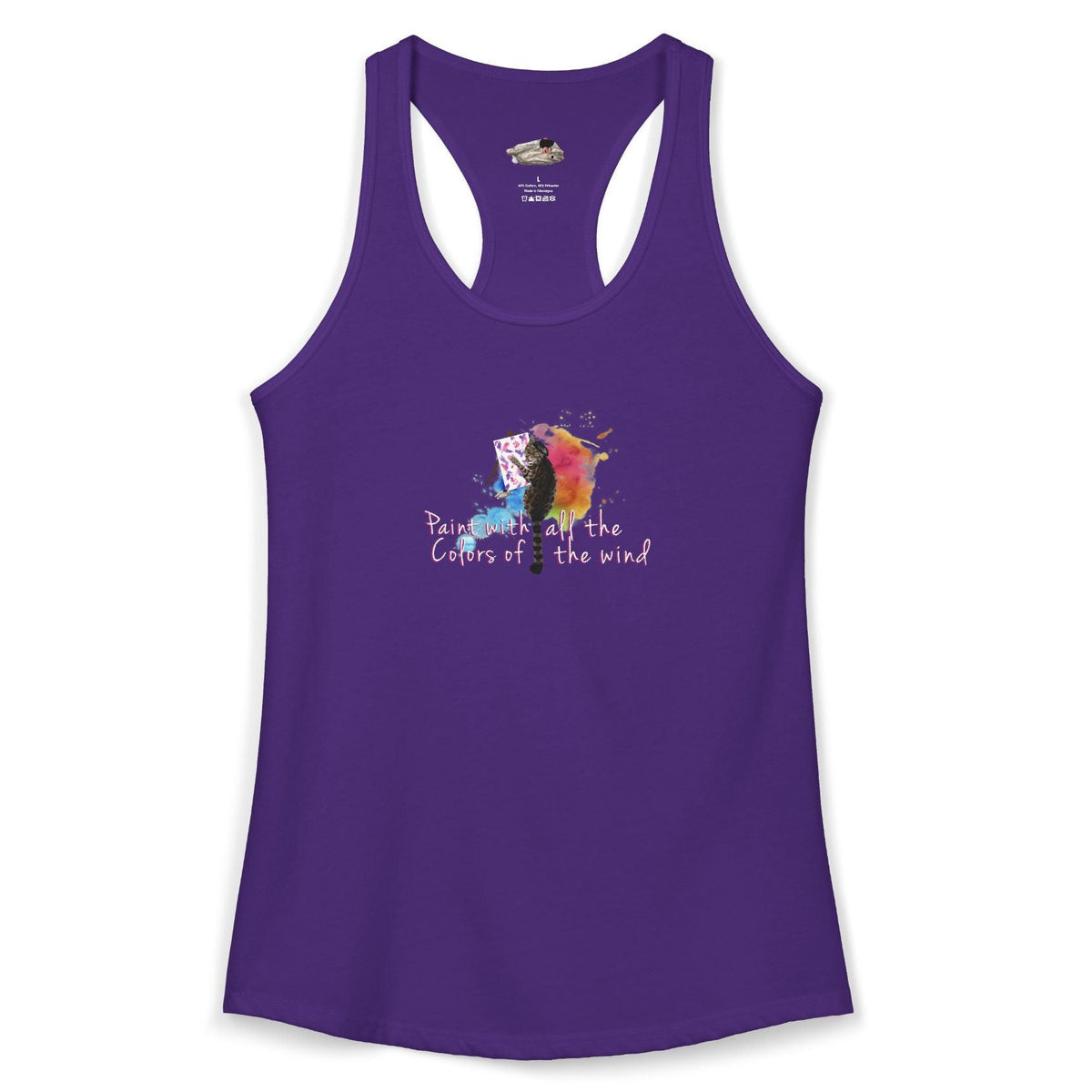 Women's Racerback Tank - "Paint With All the Colors of the Wind" Flounder the Purrcasso Art, shown in Solid Purple Rush