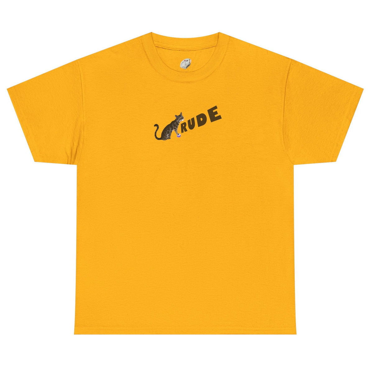 Flounder 'RUDE' Button Tee - Flounder the Eye-Rolling Cat T-Shirt, shown in Gold