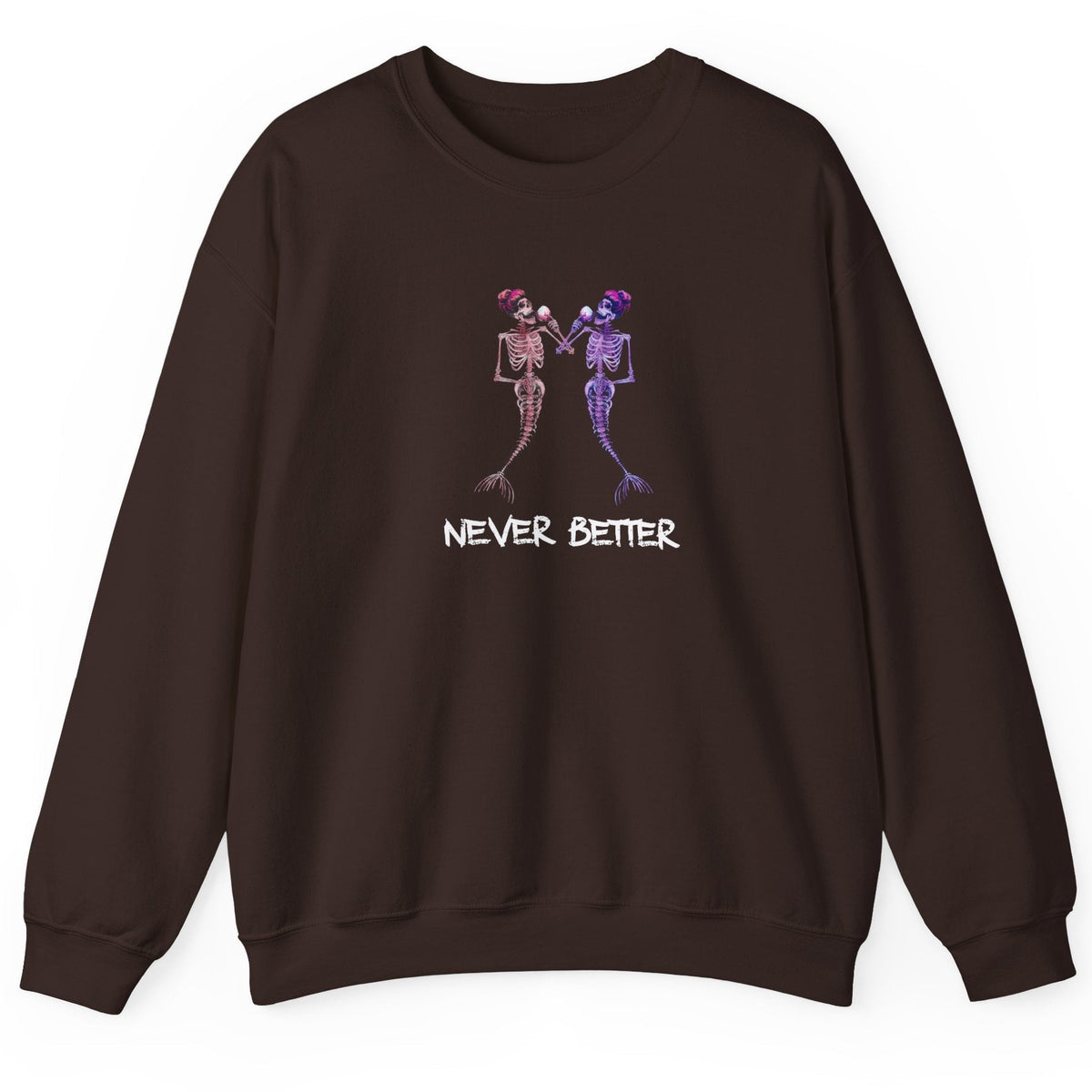 Never Better mermaid skeletons crewneck sweatshirt in dark chocolate