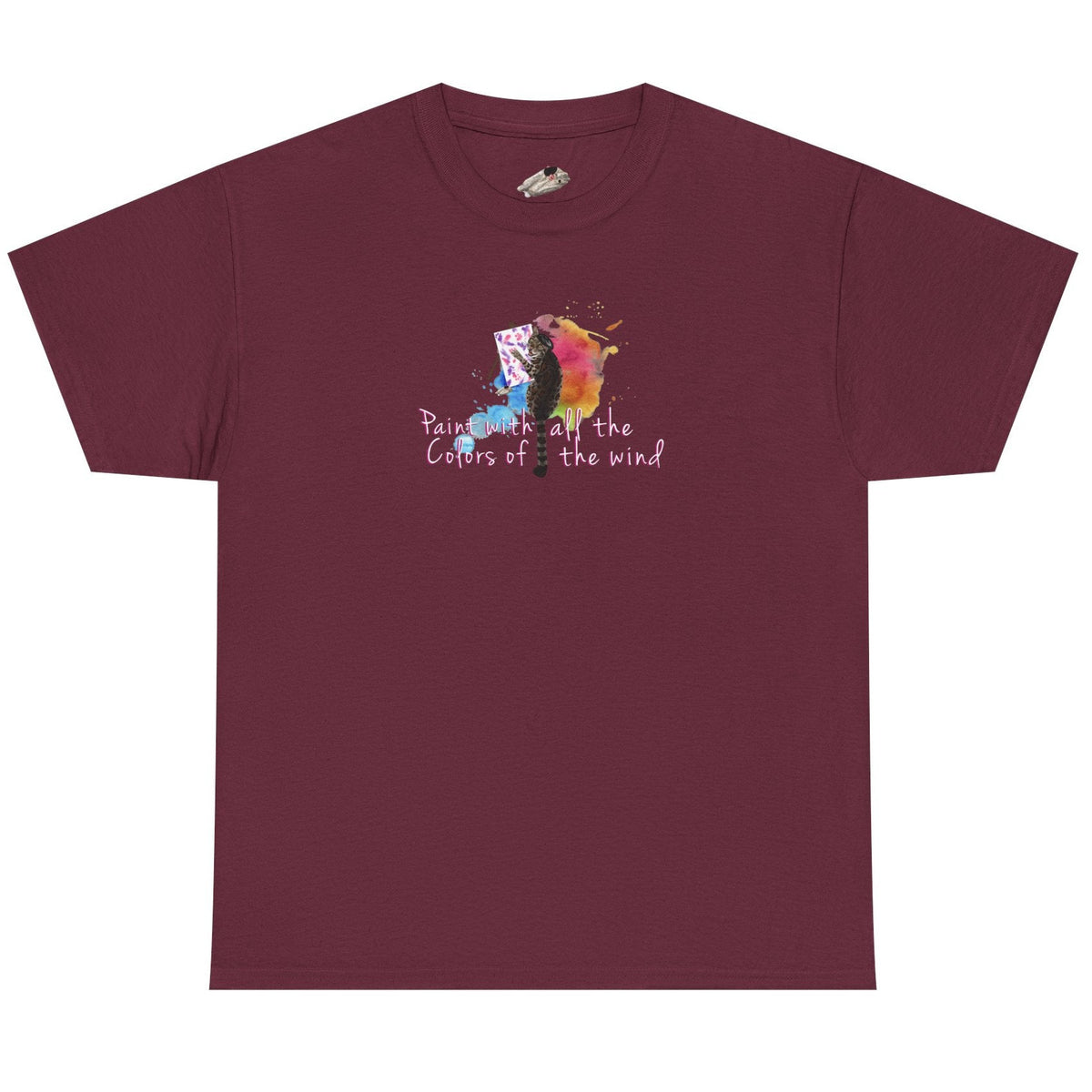 Flounder the Purrcasso T-Shirt - "Paint With All the Colors of the Wind" Cat Art Tee, shown in Maroon