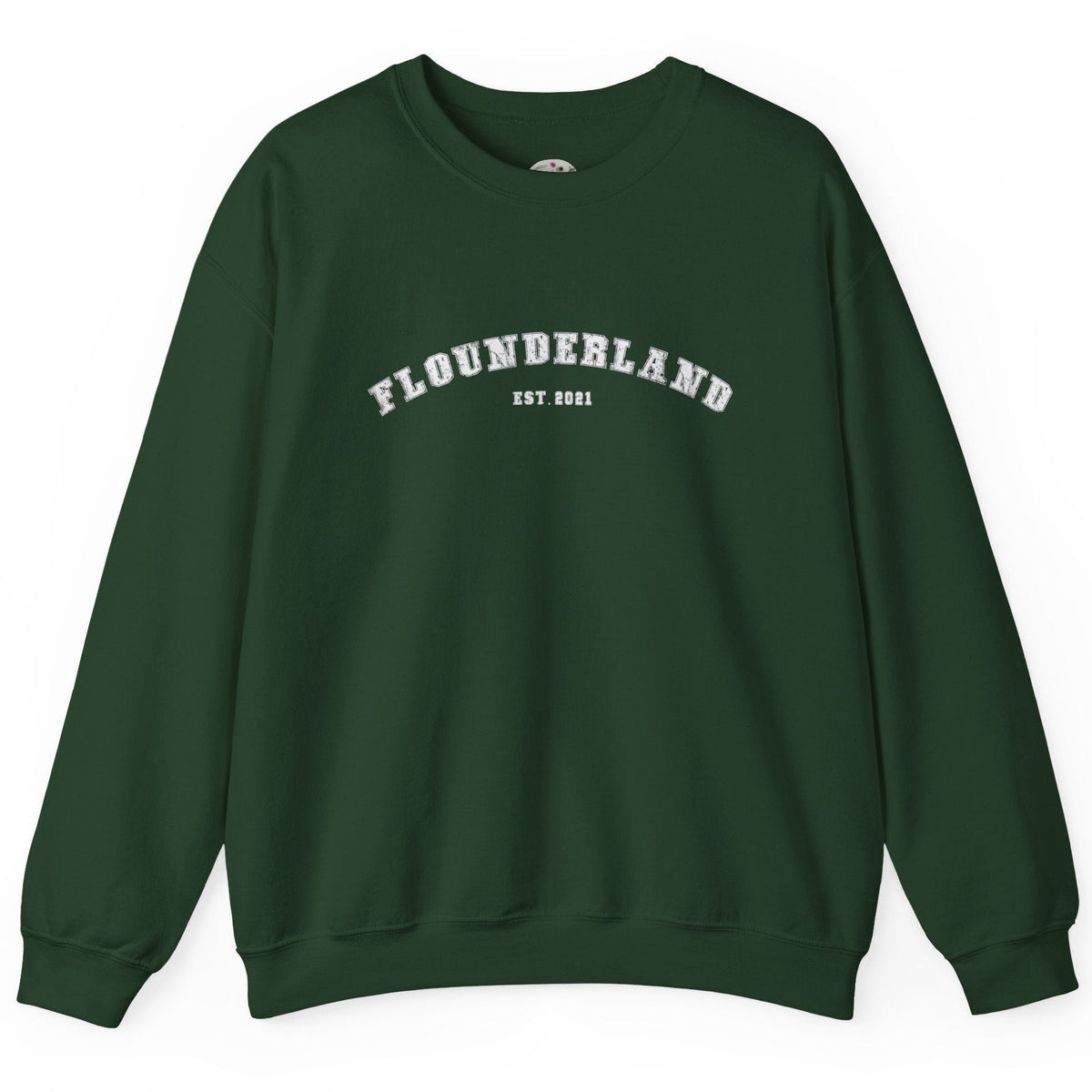 FlounderLand Collegiate Crewneck Sweatshirt - "EST. 2021", shown in Forest Green