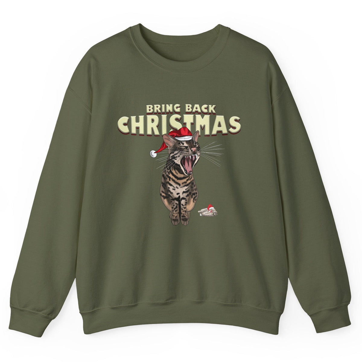 Flounder Cat “Bring Back Christmas” Unisex Crewneck Sweatshirt - Festive Cozy Wear, shown in Military Green