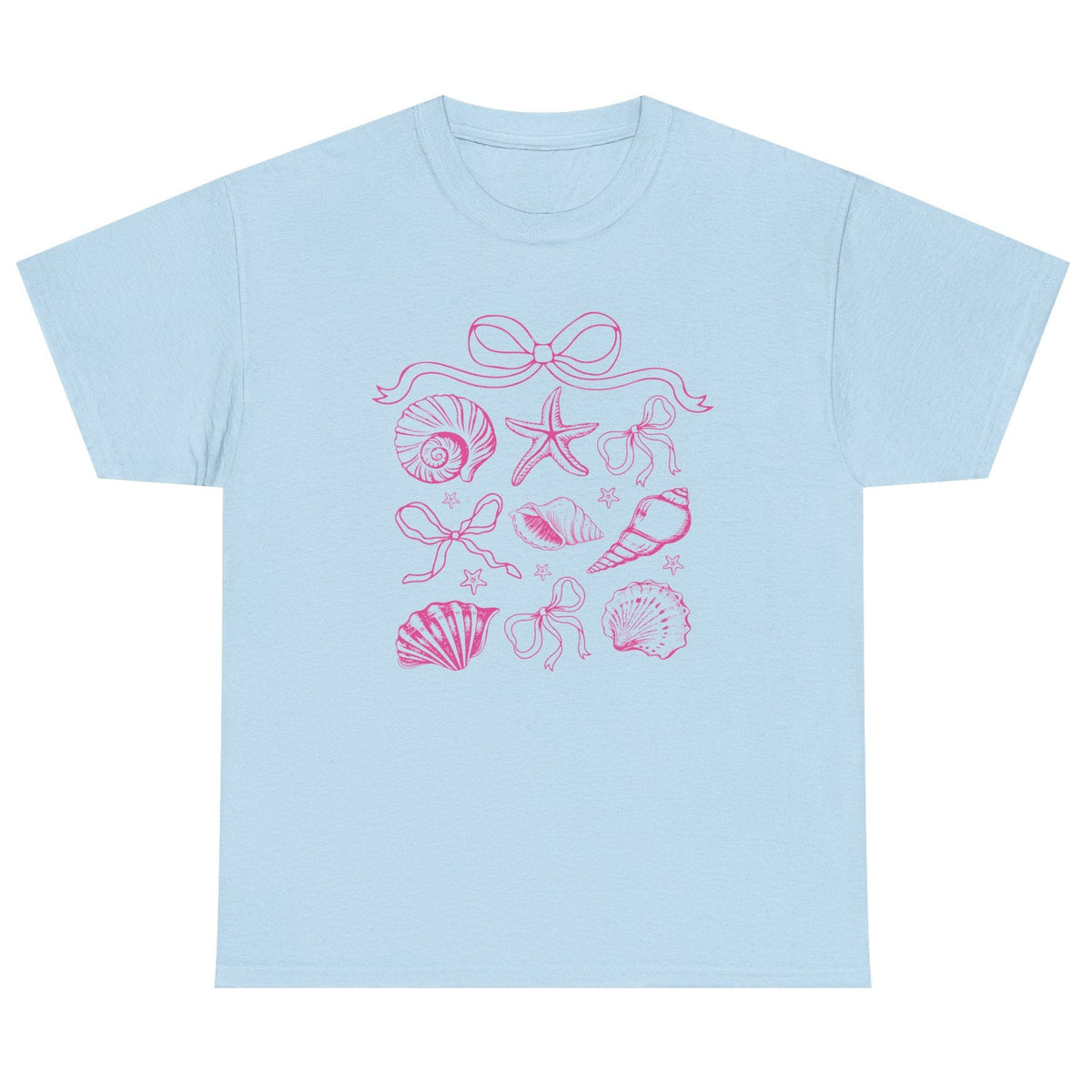 Pink coastal coquette shell cotton tee in light blue