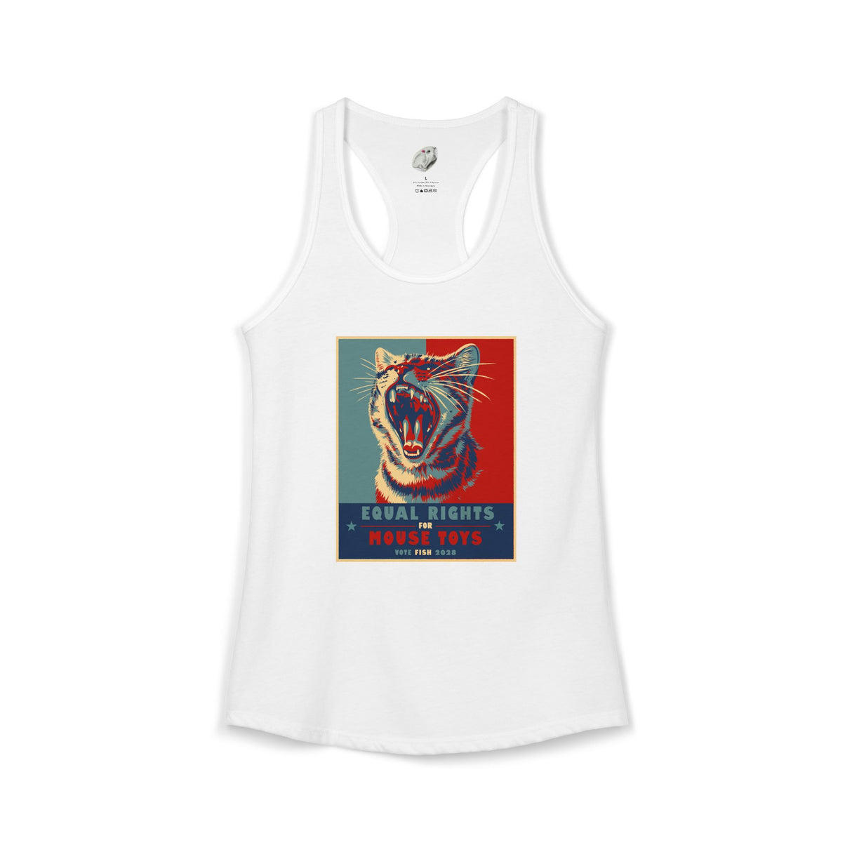Vote Fish 2028 Racerback Tank — "Equal Rights for Mouse Toys" Purrmaid Funny Campaign