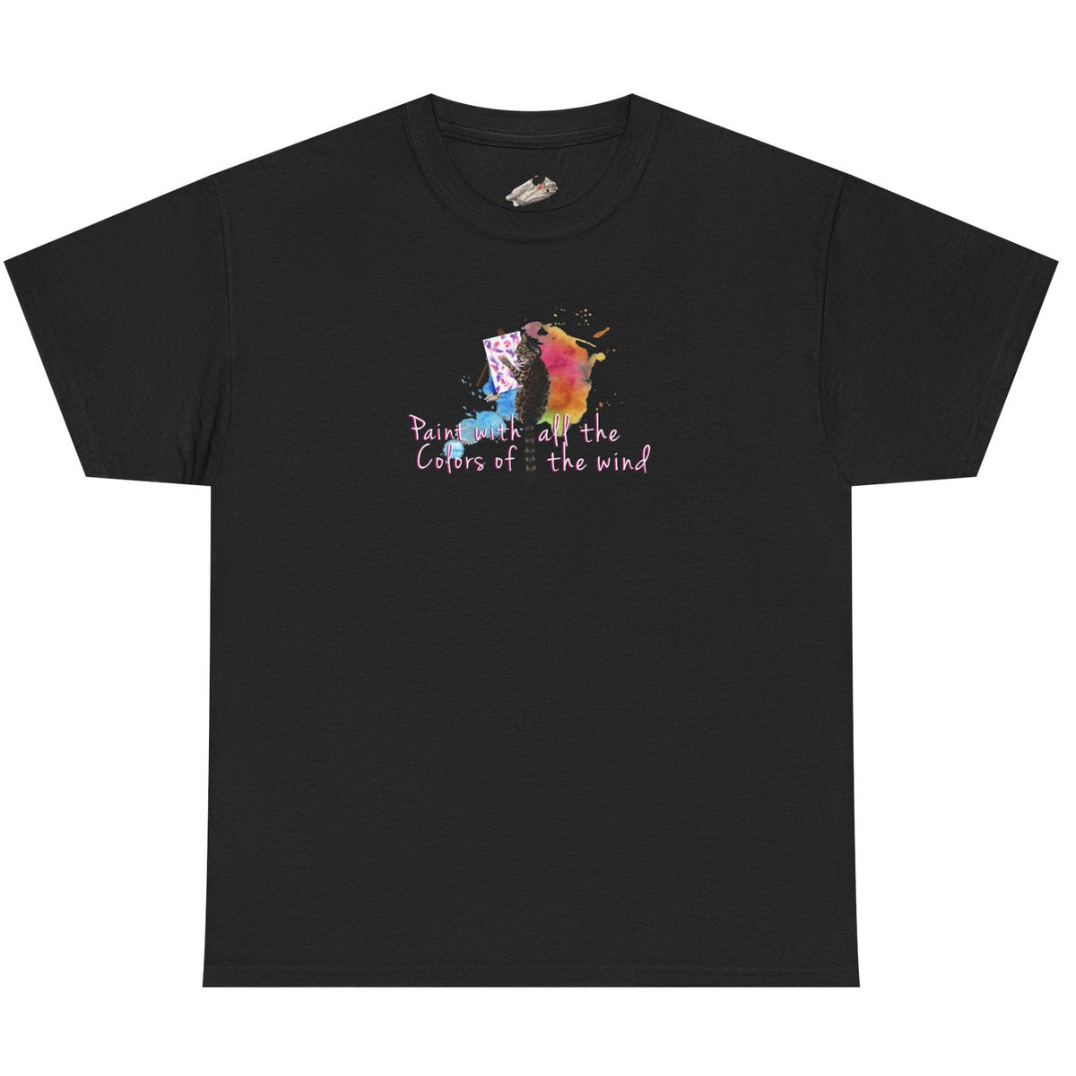 Flounder the Purrcasso T-Shirt - "Paint With All the Colors of the Wind" Cat Art Tee, shown in Black