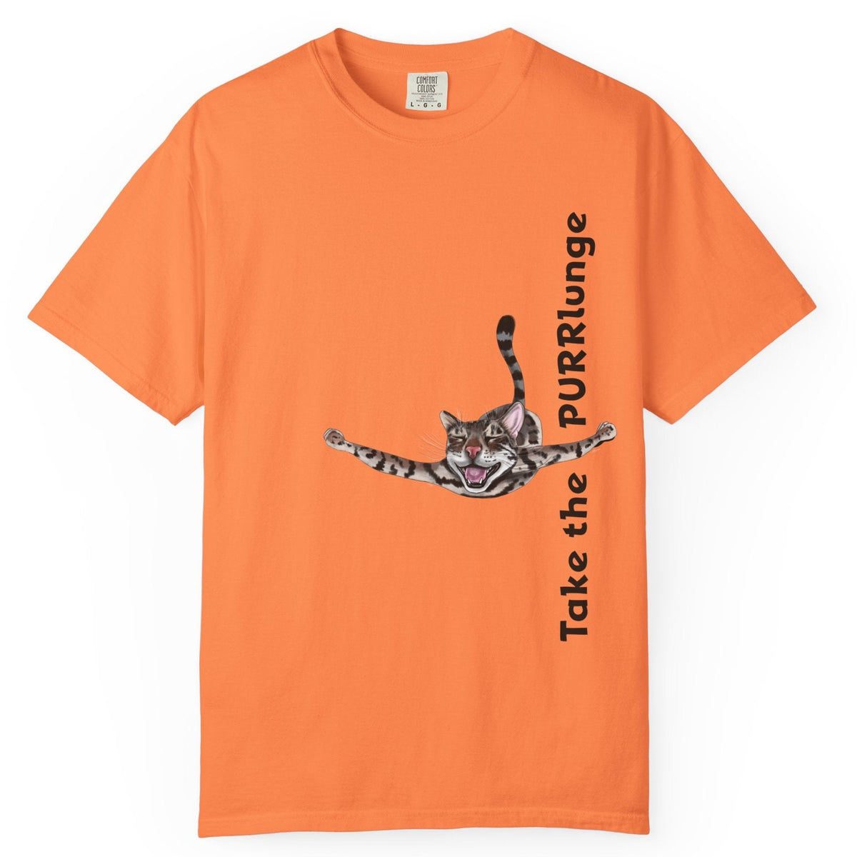 Purr-lunge Unisex T-shirt with Flounder the Purrmaid Design, shown in Melon