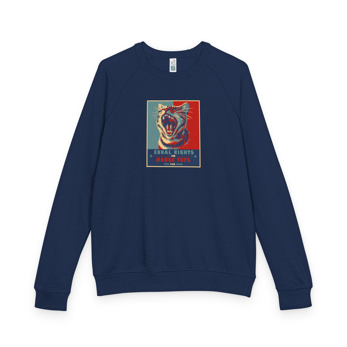 Vote Fish 2028 Raglan Crewneck — Funny 'Equal Rights for Mouse Toys' Flounder Design
