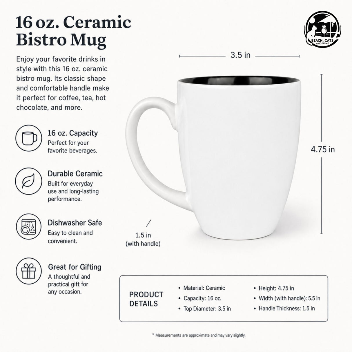 Size guide for the 16 oz ceramic bistro coffee mug