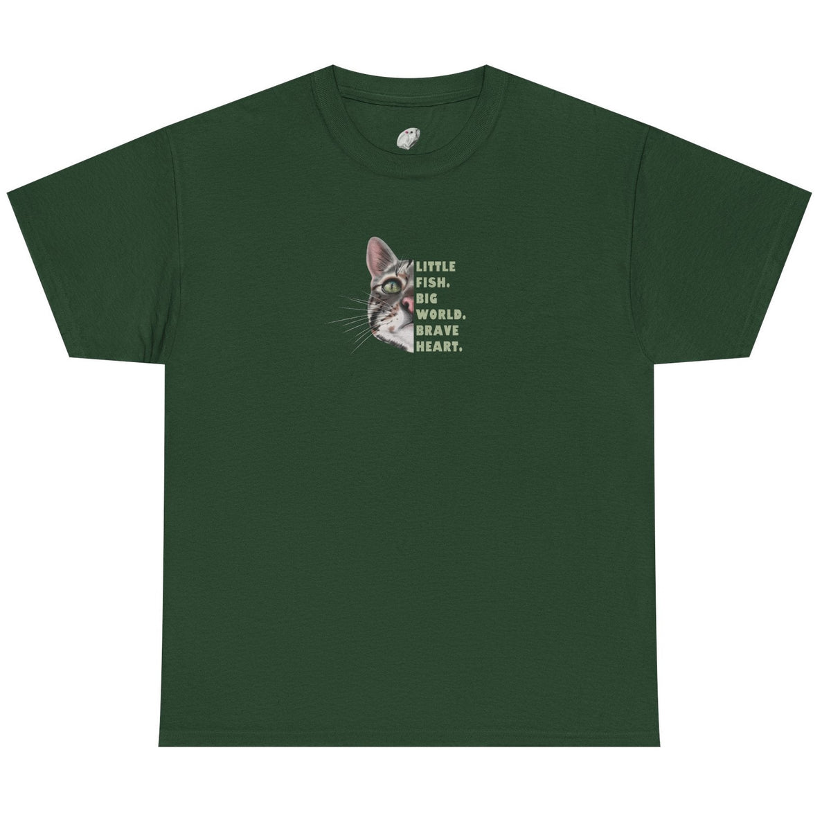 Green t-shirt with a cat graphic and text on a white background