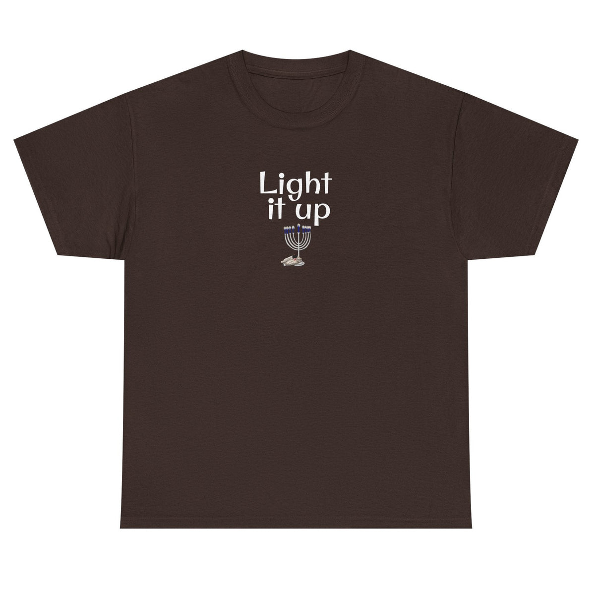Light it Up Unisex Tee - Mouse Toy Menorah Design, shown in Dark Chocolate