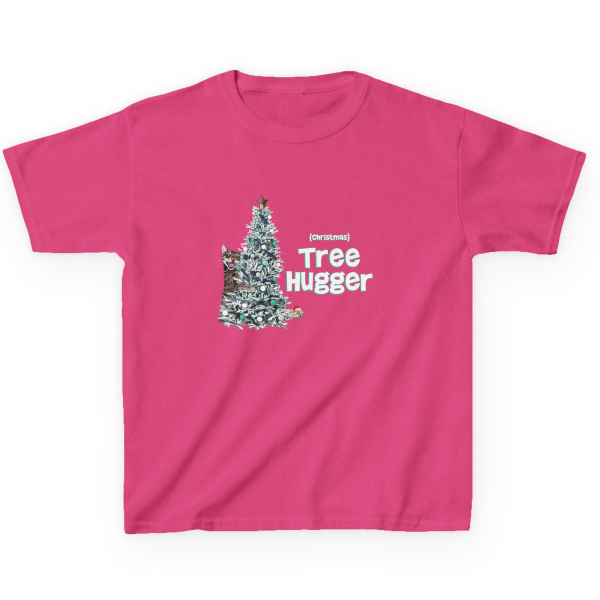 Kids Tee Christmas Tree Hugger Flounder the Purrmaid Design, shown in Heliconia