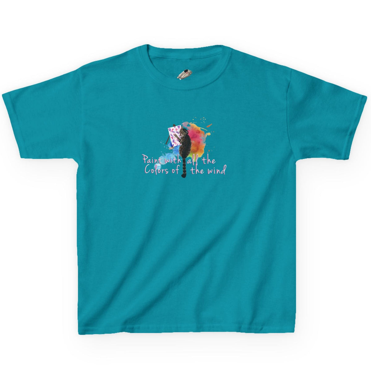 Kids Tee - “Paint With All The Colors Of The Wind” Flounder the Purrcasso Kids T-Shirt, shown in Tropical Blue