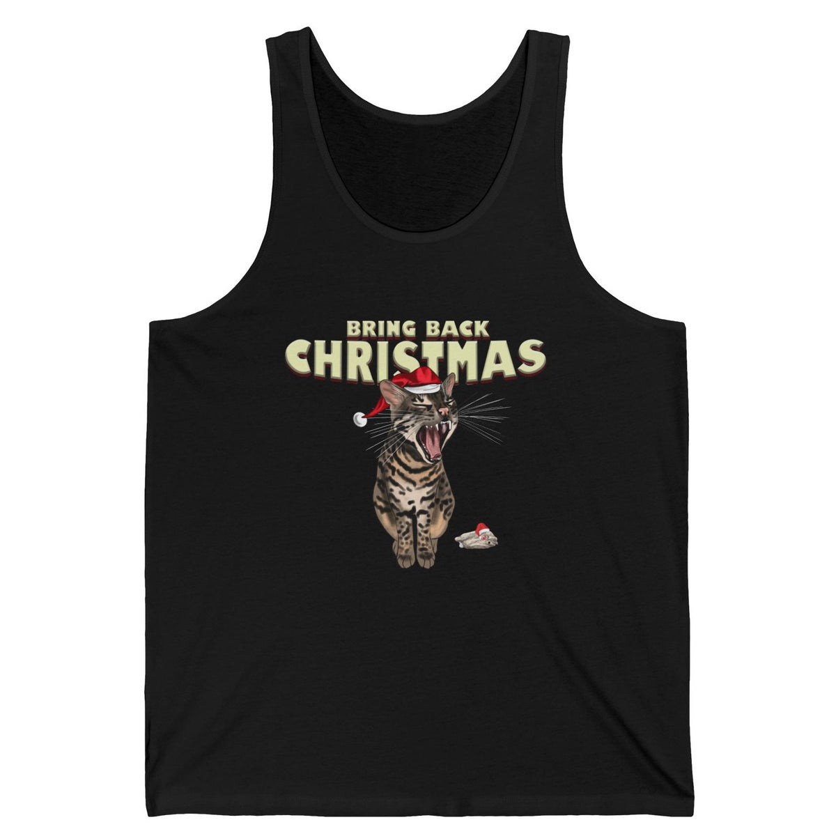 Flounder Cat “Bring Back Christmas” Unisex Jersey Tank - Festive Comfort, shown in Black
