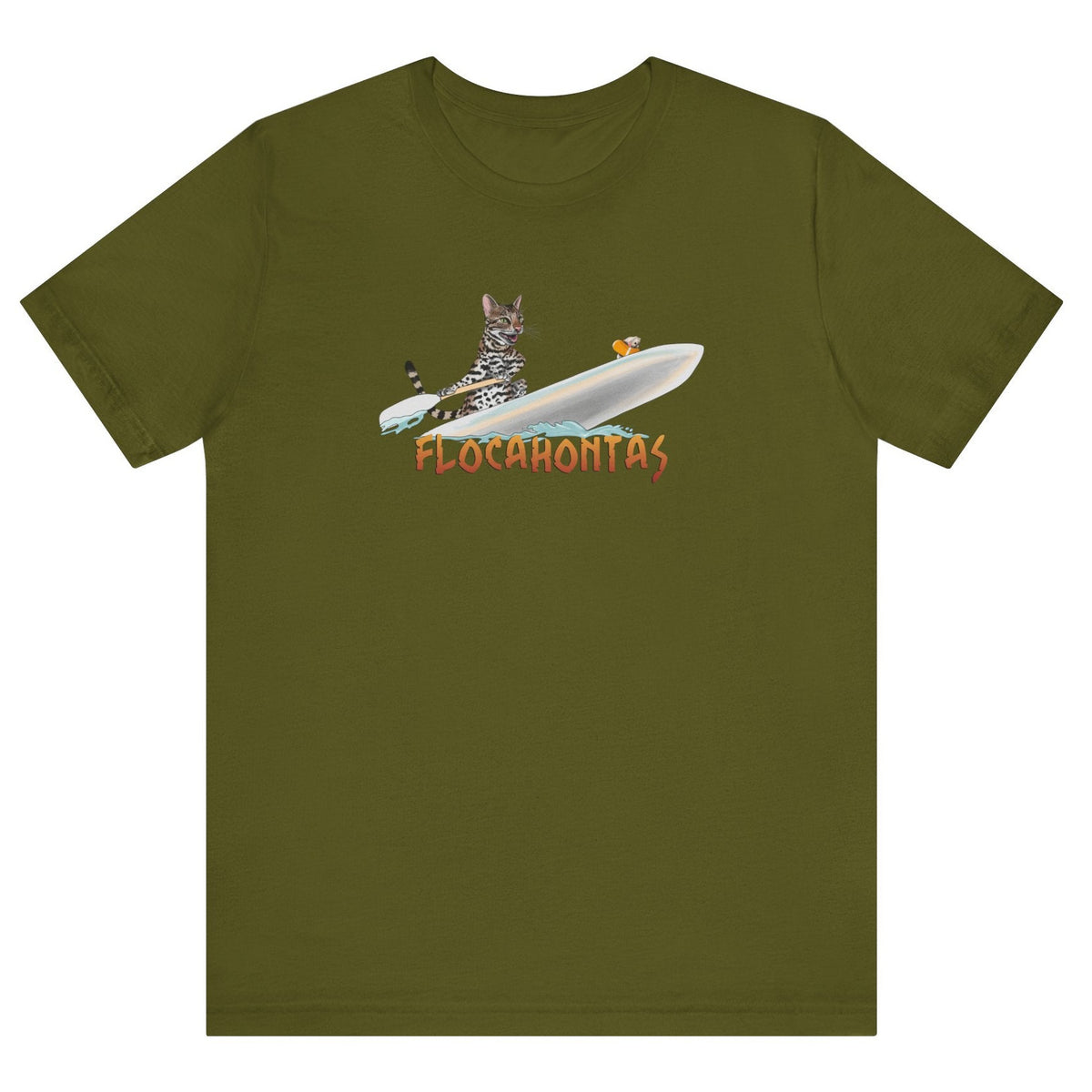 Flocahontas Unisex Tee - Flounder the Purrmaid with Mouse Toy Design, shown in Olive