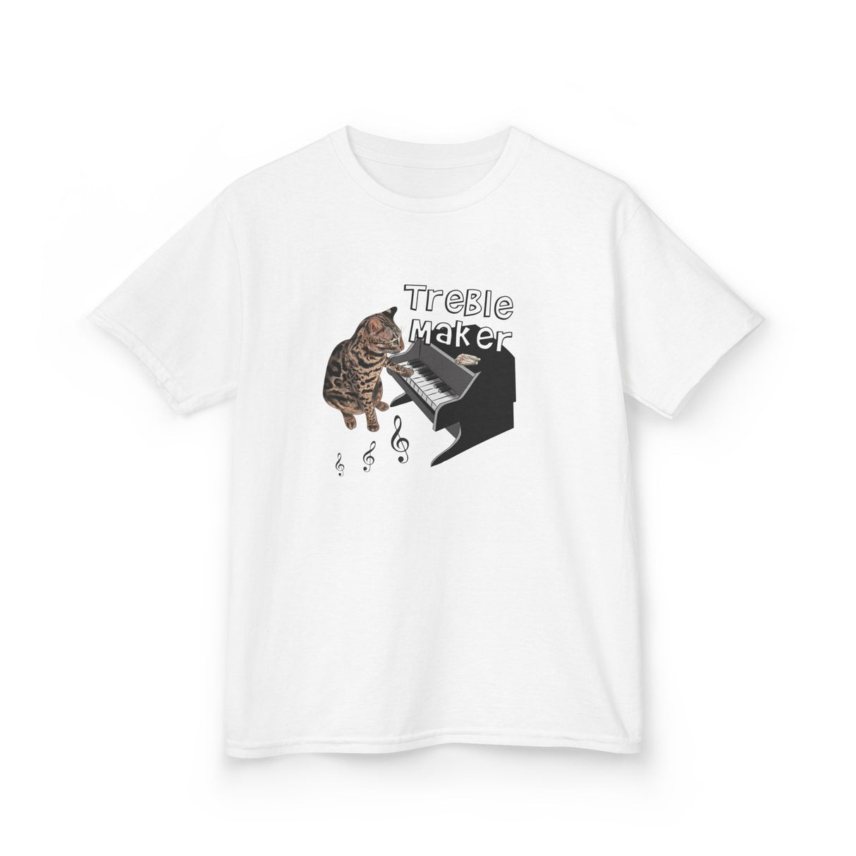 Kids Tee - Treble Maker Design Hand Drawn by Flounder's Mom, Nina Featuring Flounder the Purrmaid Playing Piano for Mouse Toy