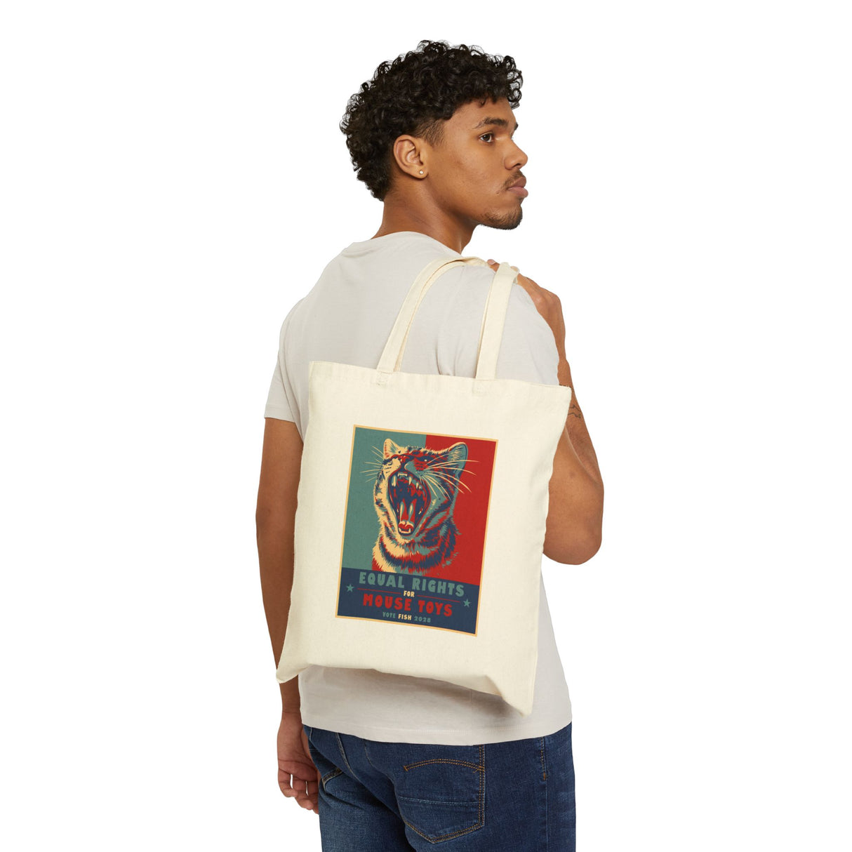 Vote Fish 2028 Cotton Canvas Tote — "Equal Rights for Mouse Toys" Flounder Purrmaid Political Tote