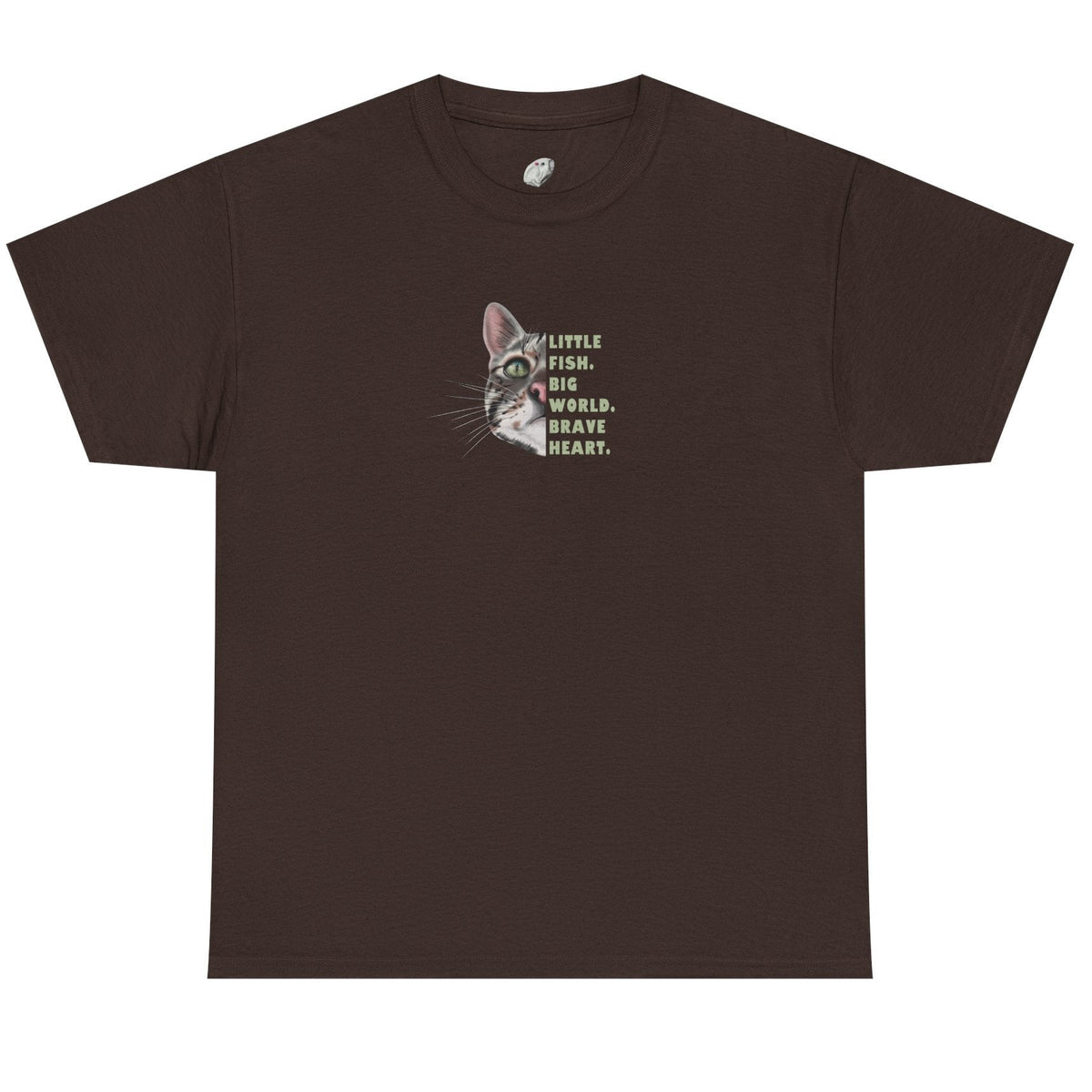 Gray t-shirt with a small logo on a white background
