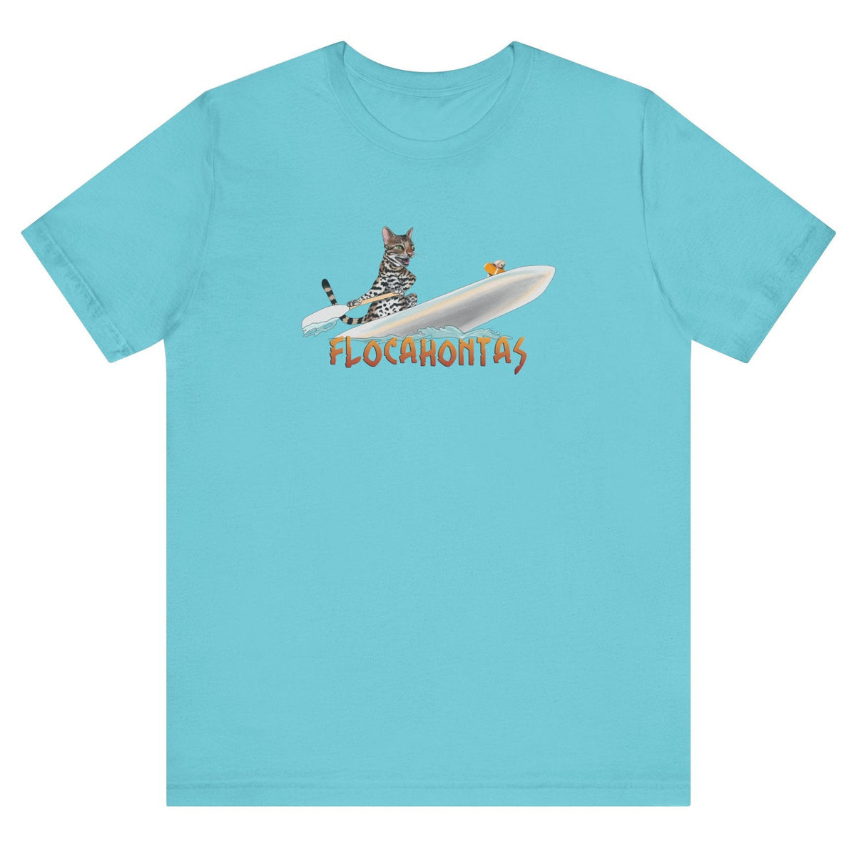 Flocahontas Unisex Tee - Flounder the Purrmaid with Mouse Toy Design, shown in Turquoise